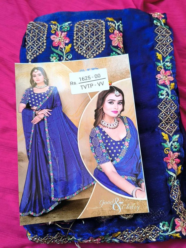 Elegant Blue Embroidered Silk Saree