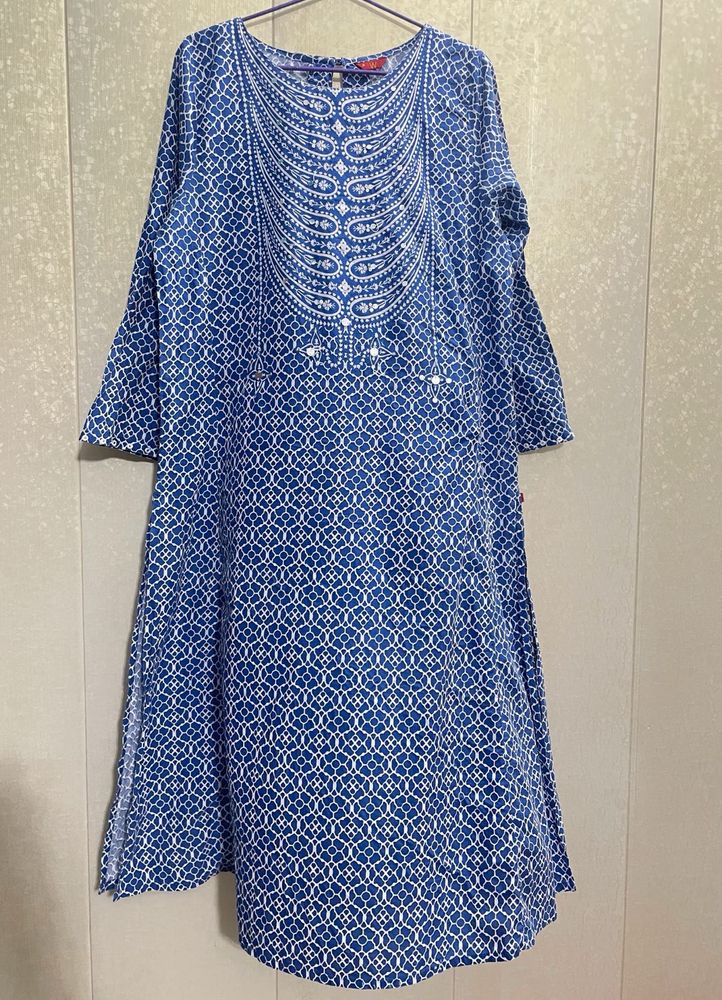 Blue &amp; White Printed Kurta