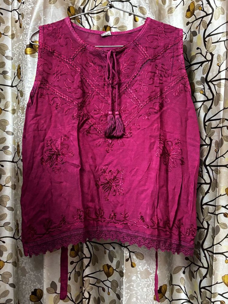 Vibrant Pink Embroidered Sleeveless Kurta