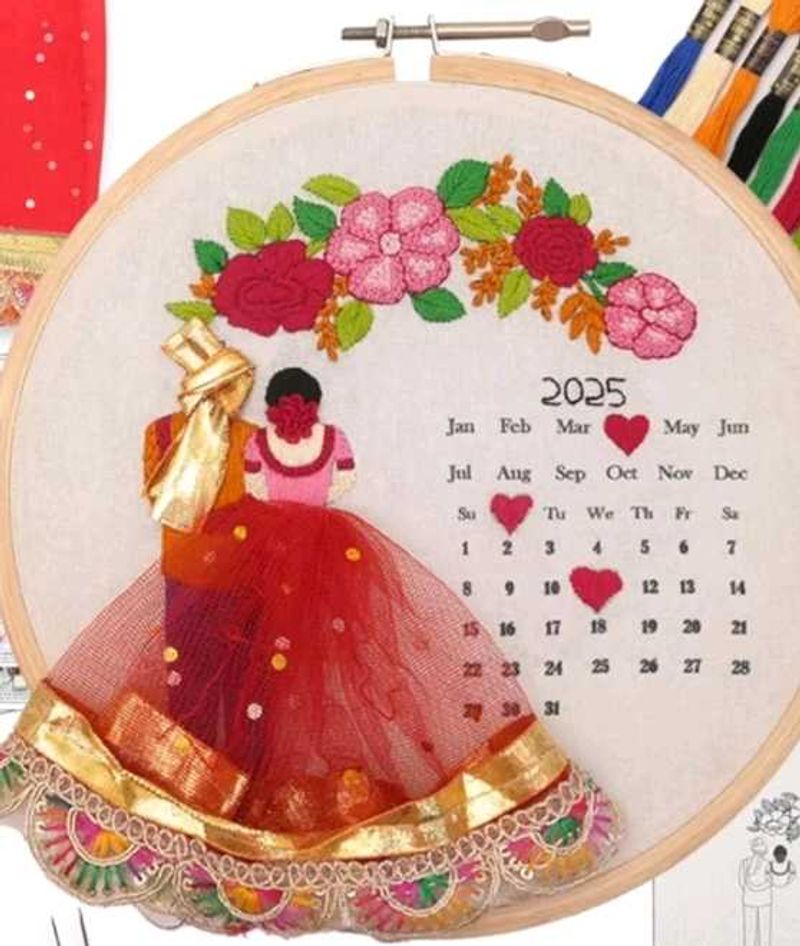 Handmade Embroidered Wedding Calendar Hoop Art