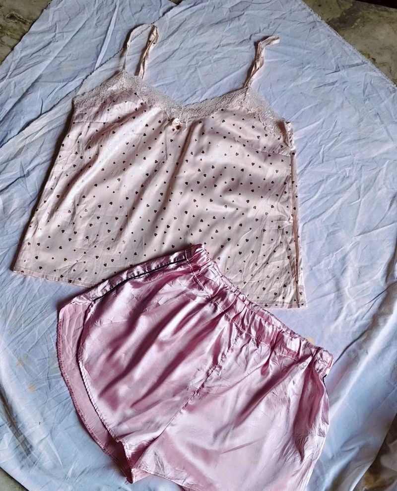 Satin Heart Print Nightwear Set