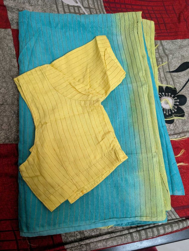 Blue &amp; Green Striped Saree with Yellow Blouse
