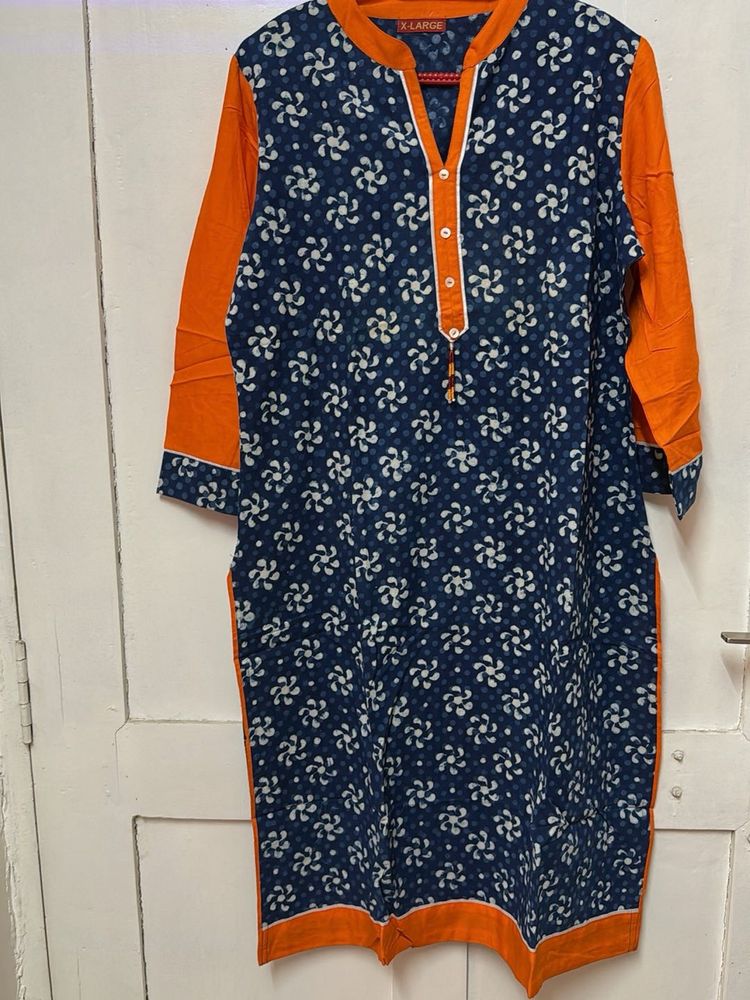 Blue Floral Kurti With Orange Design On Neck