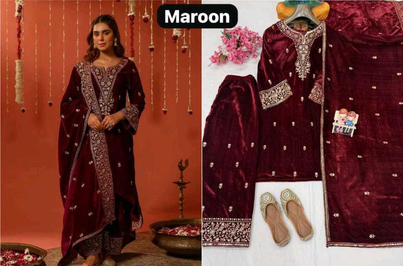 Elegant Maroon Velvet Kurta Set