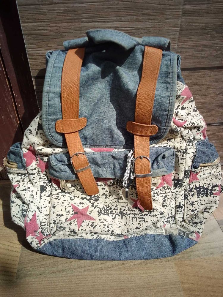Denim &amp; Print Backpack