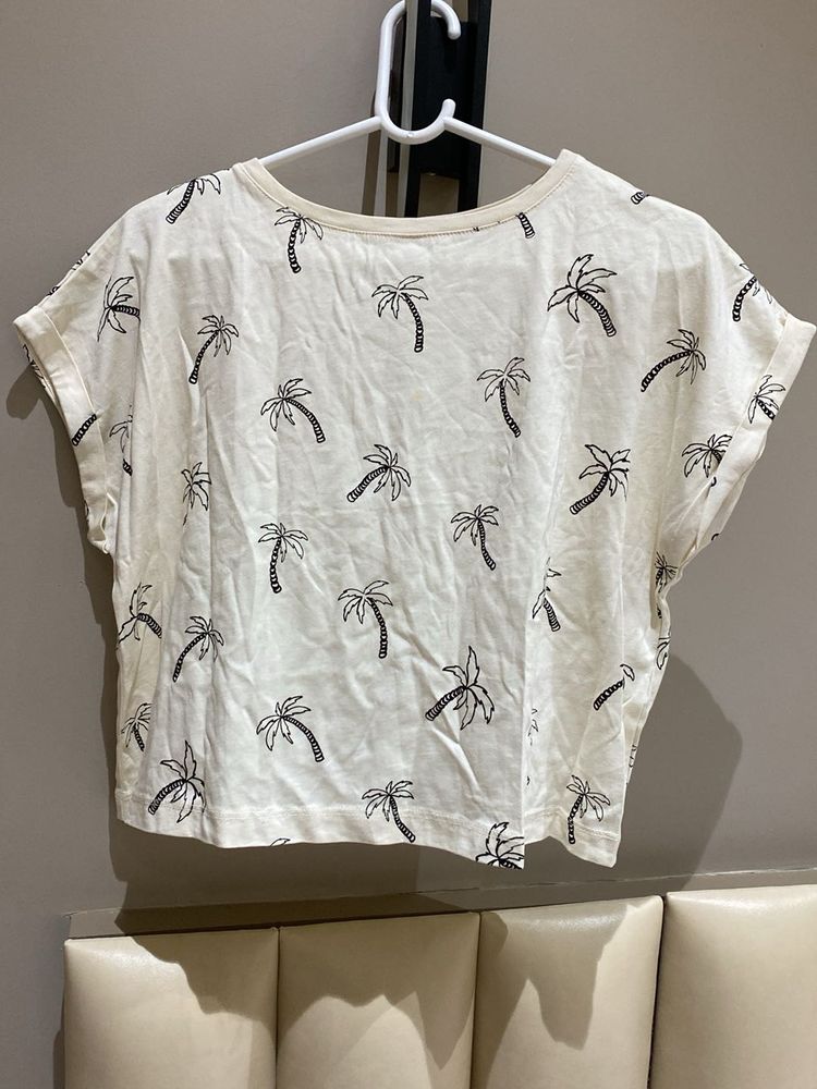 Zara White Palm Tree Print Cropped Top