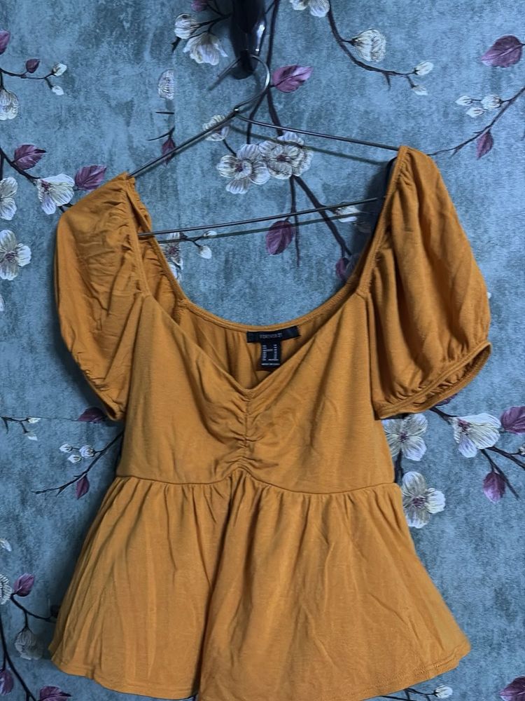 Mustard Yellow Ruched Peplum Top