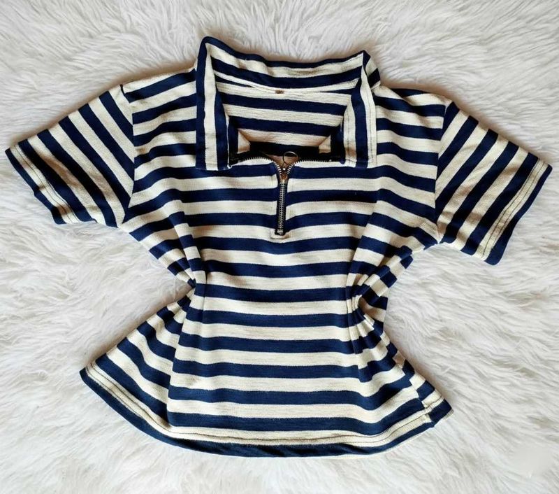 Striped Polo Tee with Zipper Detail
