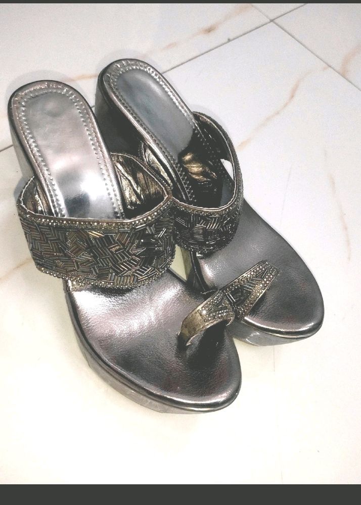 Silver Beaded Thong Heels