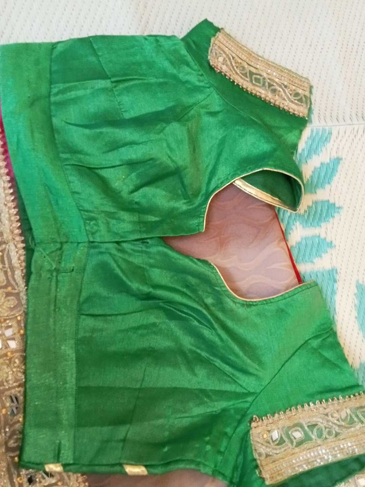 Elegant Green Silk Blouse with Gold Border satee