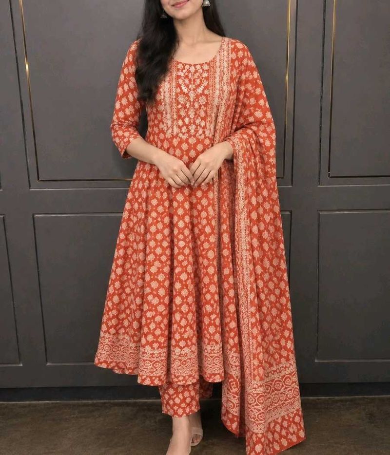 Elegant Orange Printed Kurta Set with Dupatta