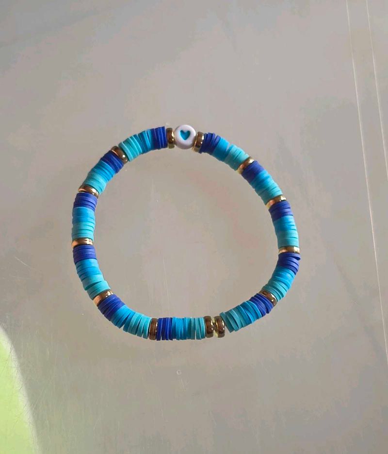 Blue Heishi Beaded Bracelet with Heart Charm