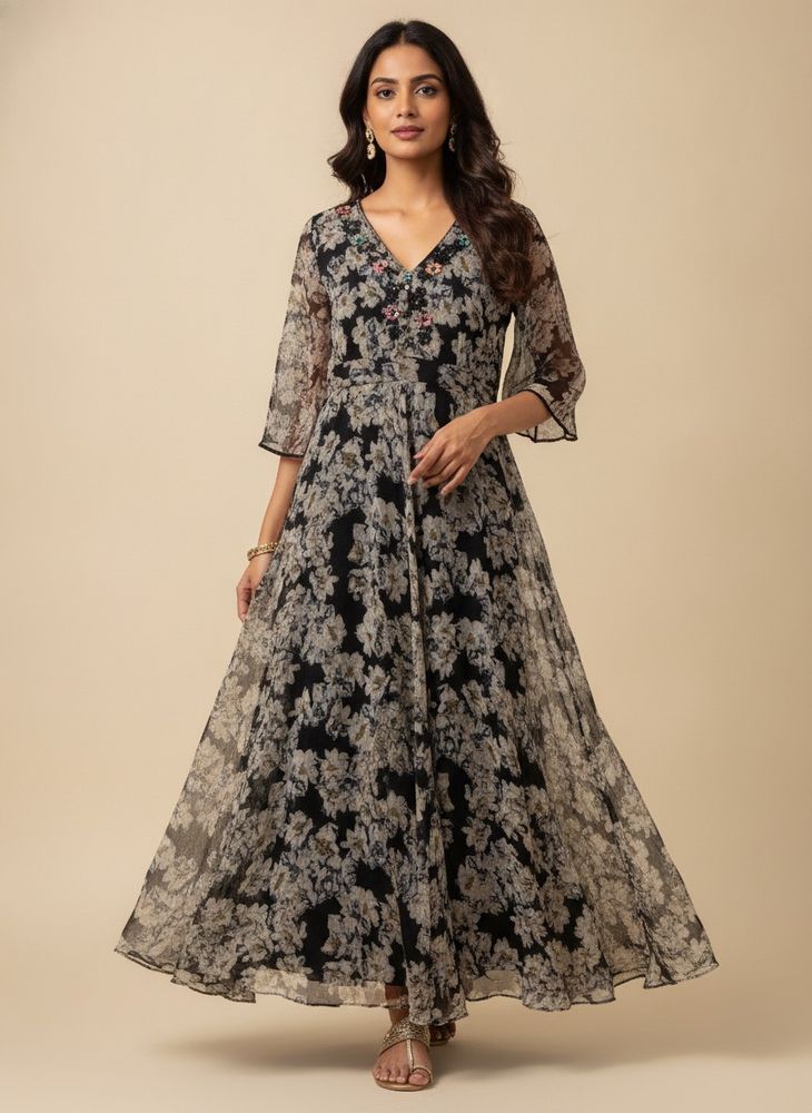 Floral Print Maxi Dress with Embellished Neckline