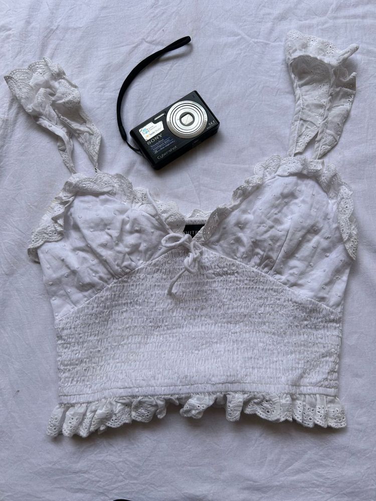 White Eyelet Ruffle Crop Top