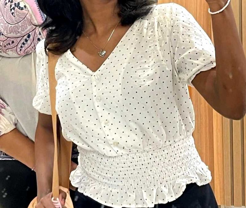 White Polka Dot Smocked Blouse