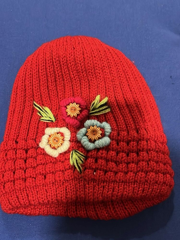 Red Beanie with Embroidered Flowers