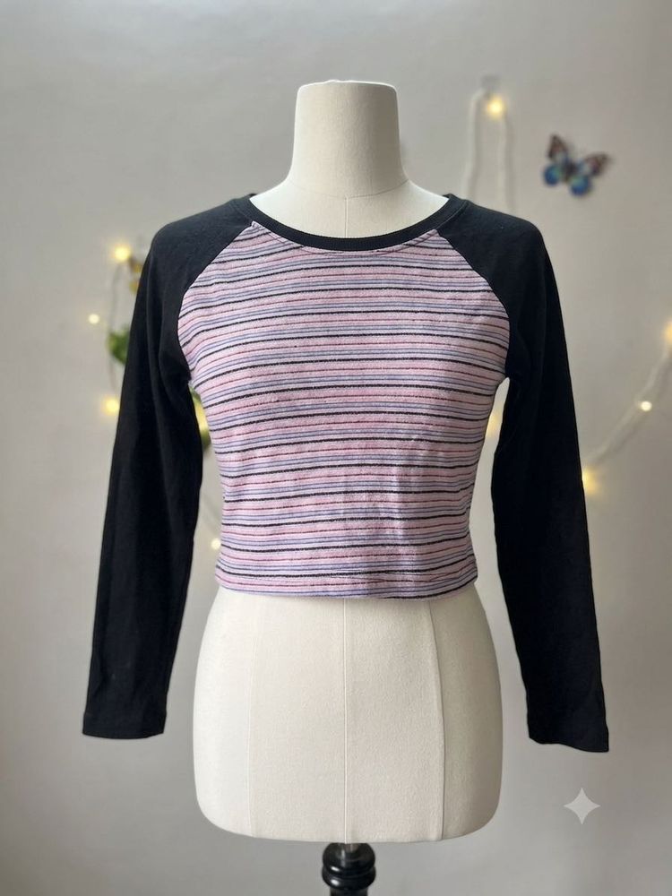 Korean kawaii Striped Long Sleeve Crop Top