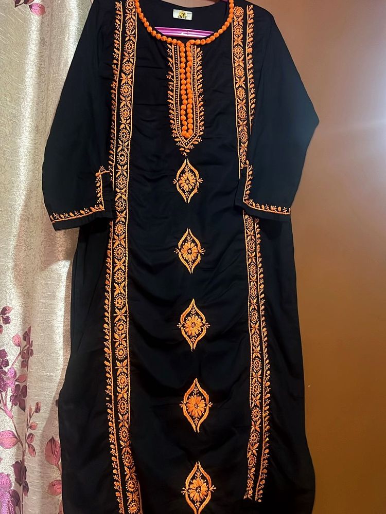 ADA BLACK &amp; ORANGE Embroidered Chikankari KURTA