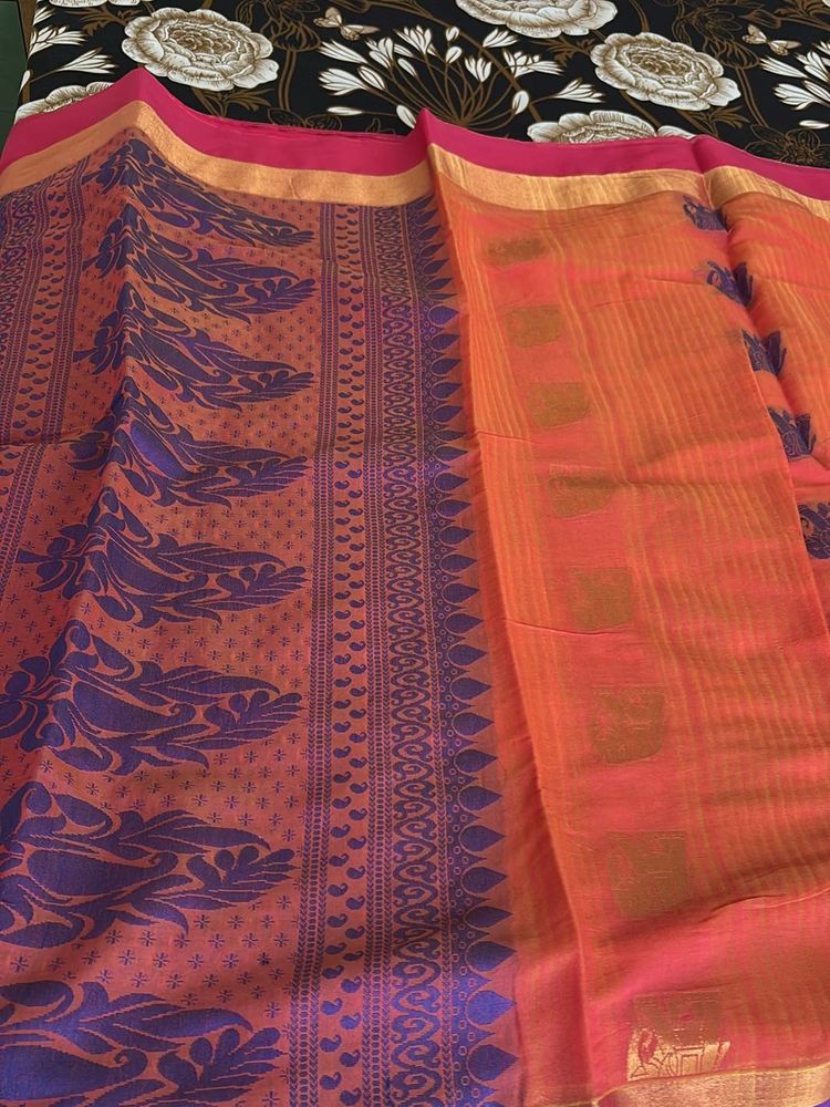 Orange Saree with Blue Print