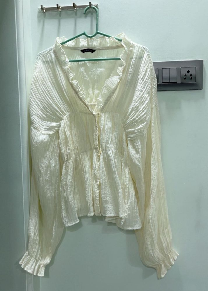 Cream Textured Ruffle Blouse