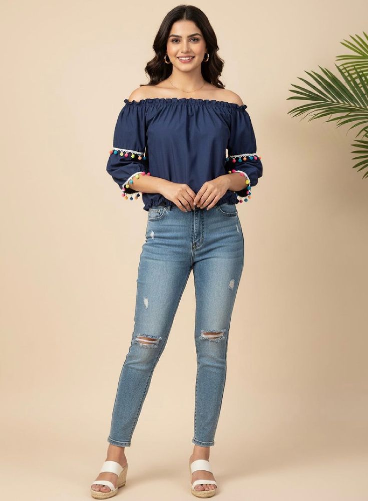 Blue Off-Shoulder Pom-Pom Top