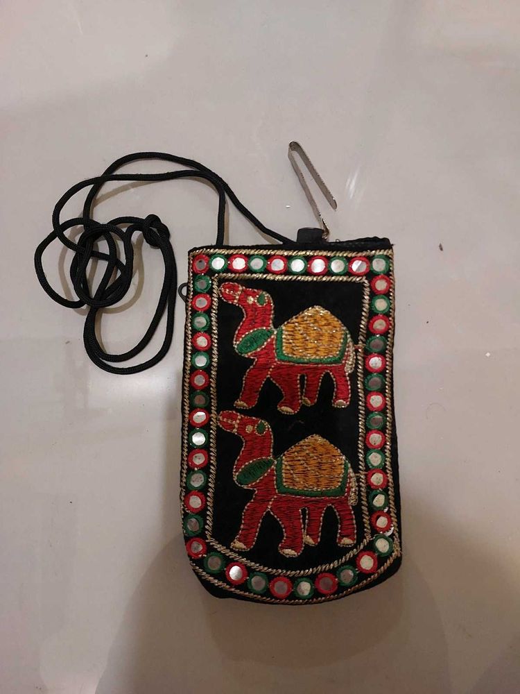 Embroidered Camel Pouch with Mirror Work