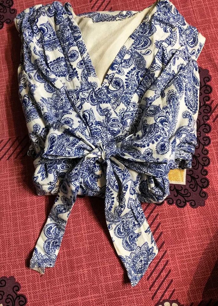 Boho Blue &amp; White Print Wrap Top