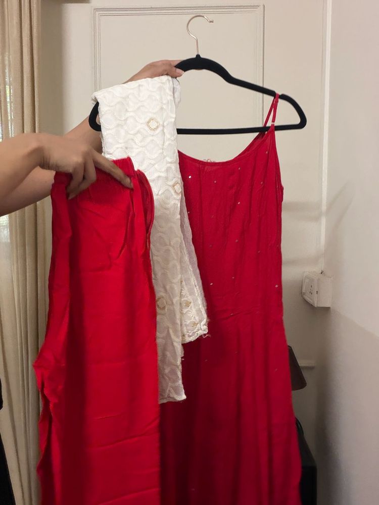 Red Kurta Set with White Dupatta