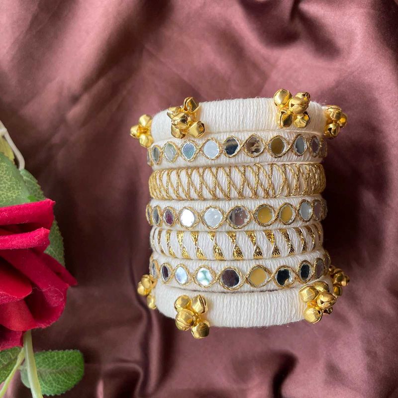White Thread Bangles with Mirror &amp; Gold Charms🤍✨