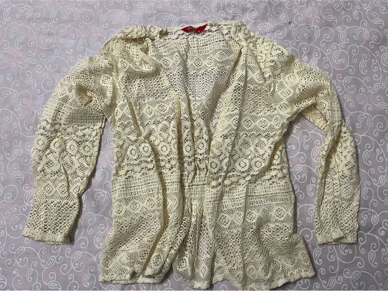 Cream Lace Open Front Cardigan