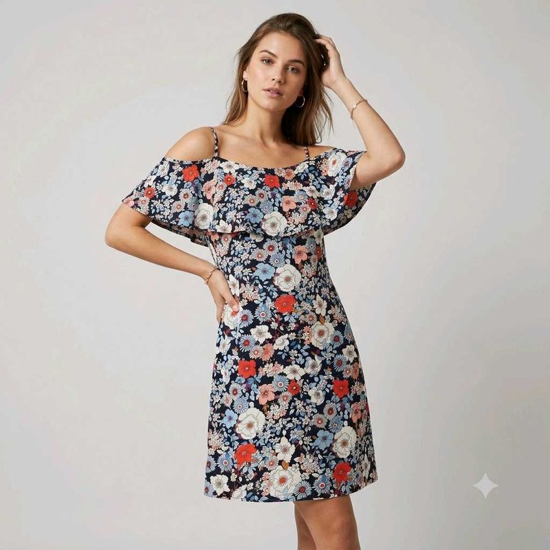 Floral Cold Shoulder Ruffle Dress