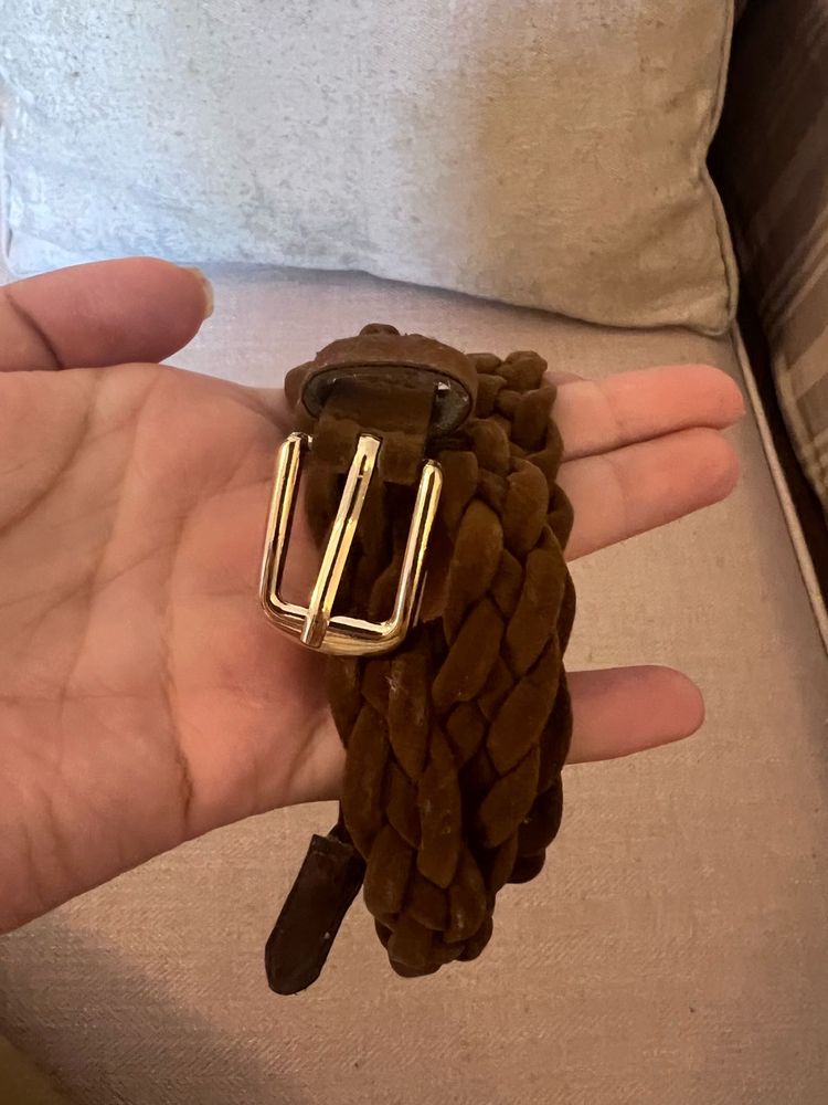 Brown Woven Suede Belt with Gold Buckle - ZARA