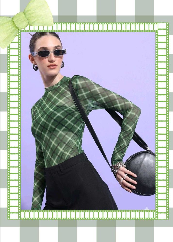 Green Plaid Long Sleeve Top