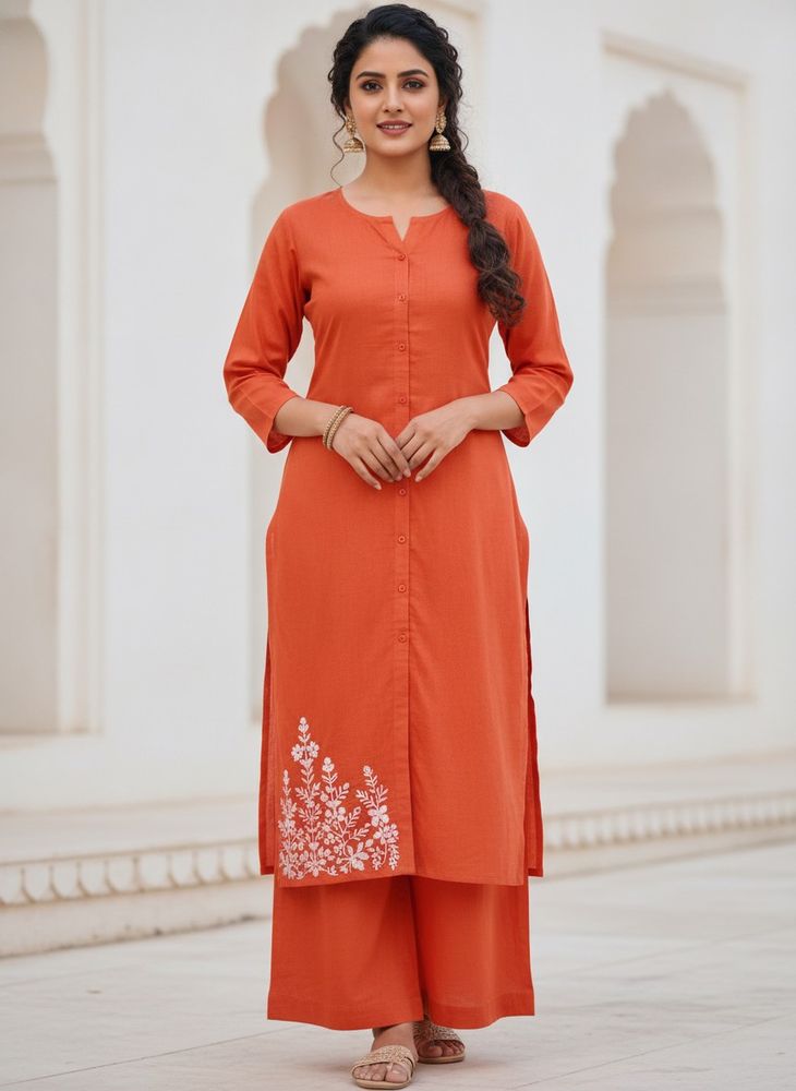 Orange Kurta Set with White Embroidery