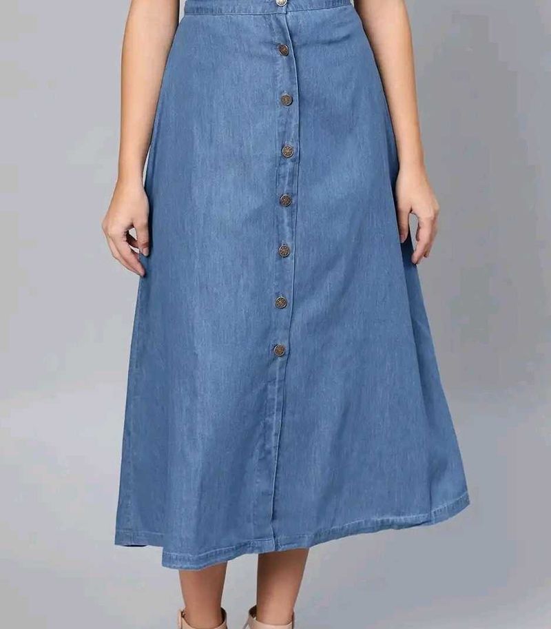 Blue Denim Button-Front Midi Skirt