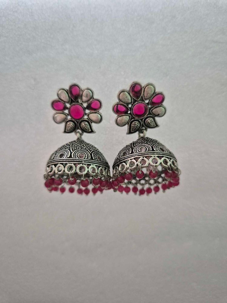 Customized Oxidised JhumkaEarrings with Pink Stone