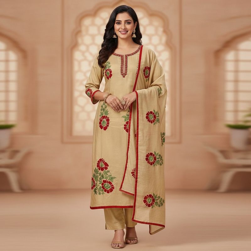 Beige Kurta with Red &amp; Green Floral Embroidery