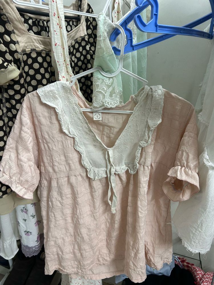 Cute Pink Lace Collar Top