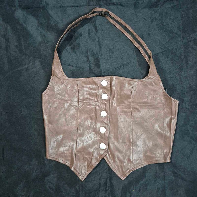 Brown Faux Leather Corset Top halter neck