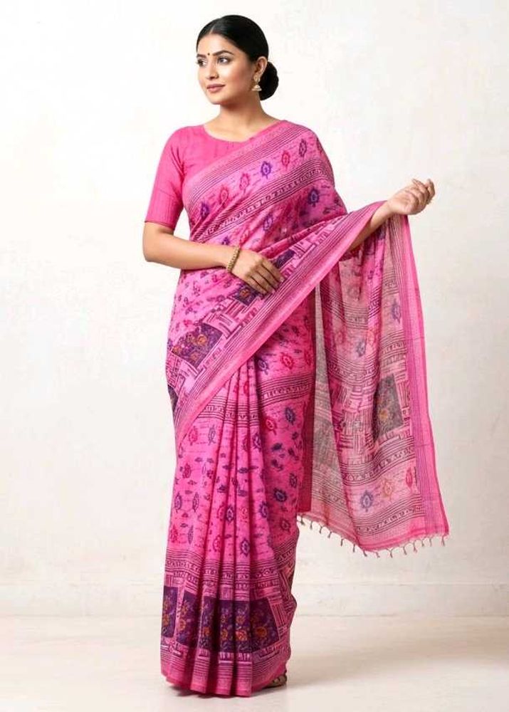 Pink Printed Saree with FREE Cotton Towel |