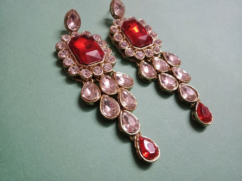 Elegant Red &amp; Clear Gemstone Drop Earrings