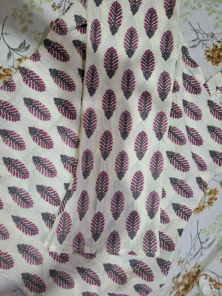 Cream Leaf Print Kurta
