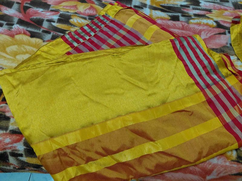 Vibrant Yellow Saree with Striped Border