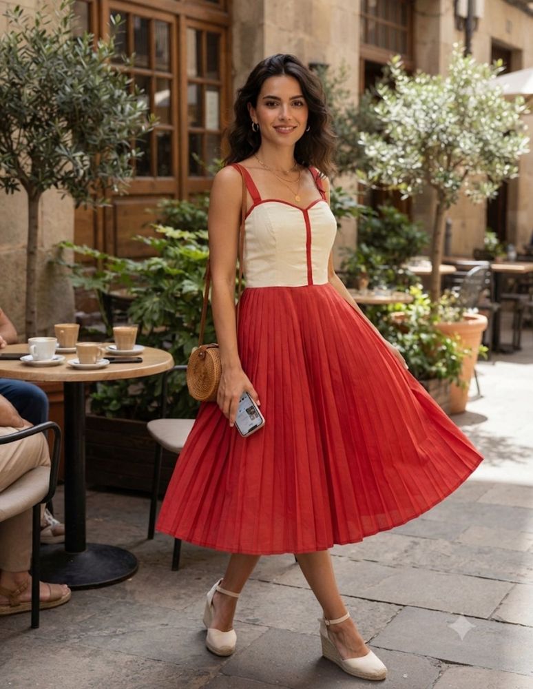 Pintresty Chic peach &amp; Cream Pleated Dress