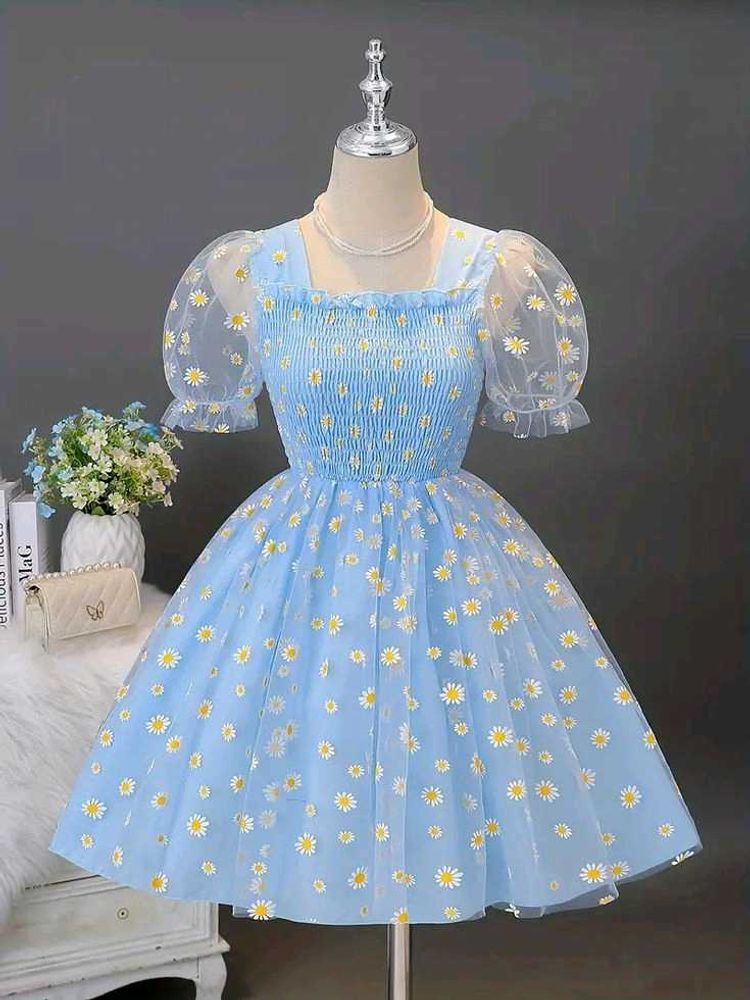 Cute Daisy Print Puff Sleeve Dress