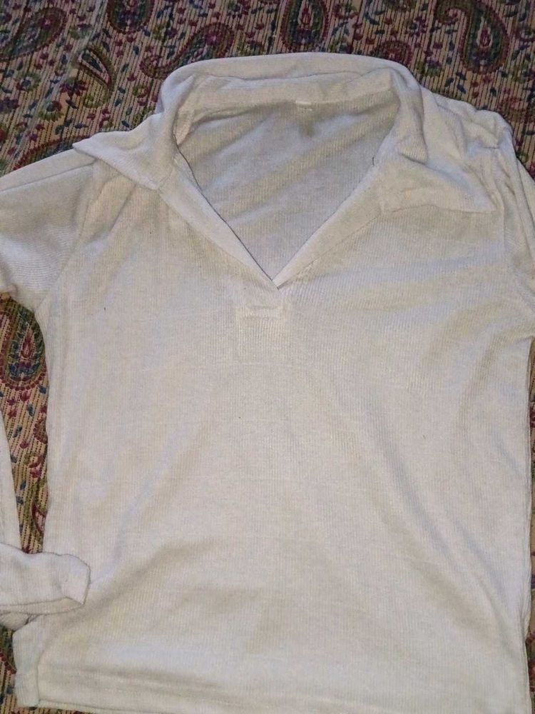 Casual White Collared Pullover Top