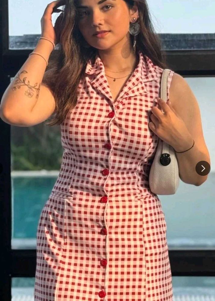 Red Gingham Button-Up Mini Dress