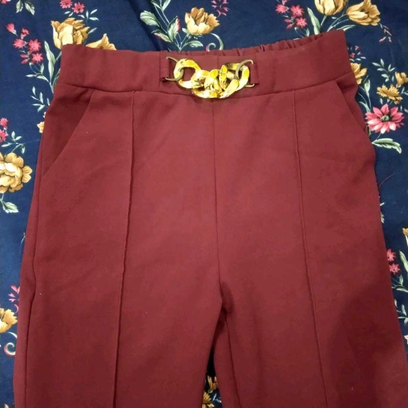 Maroon Pants with Gold Chain Detail
