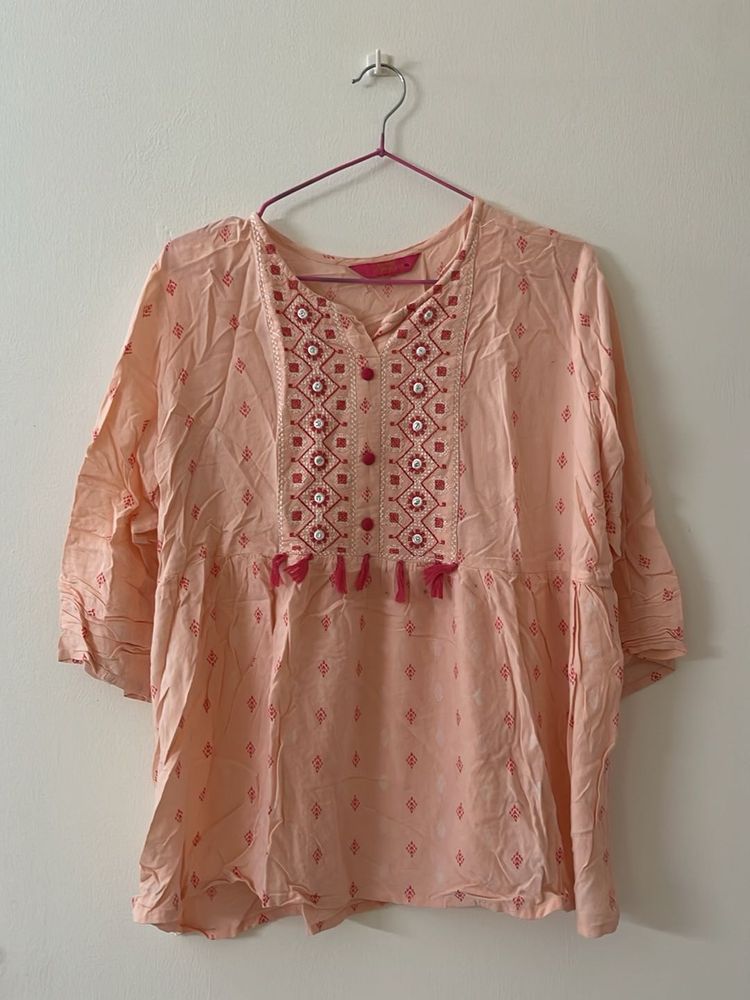 Peach Embroidered Kurta with Tassels