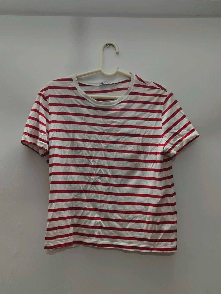 ZARA Classic Red &amp; White Striped T-Shirt